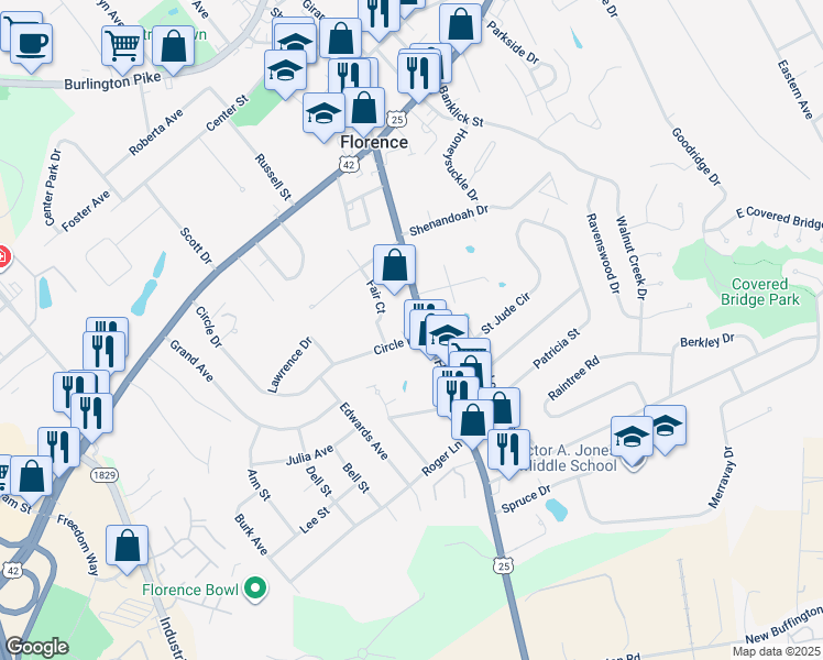 map of restaurants, bars, coffee shops, grocery stores, and more near 5 Circle Drive in Florence