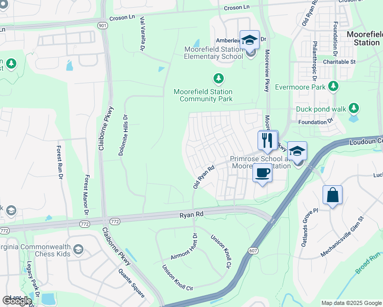 map of restaurants, bars, coffee shops, grocery stores, and more near 43110 India Wharf in Ashburn