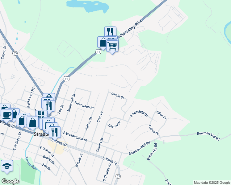 map of restaurants, bars, coffee shops, grocery stores, and more near 779 Laurie Drive in Strasburg