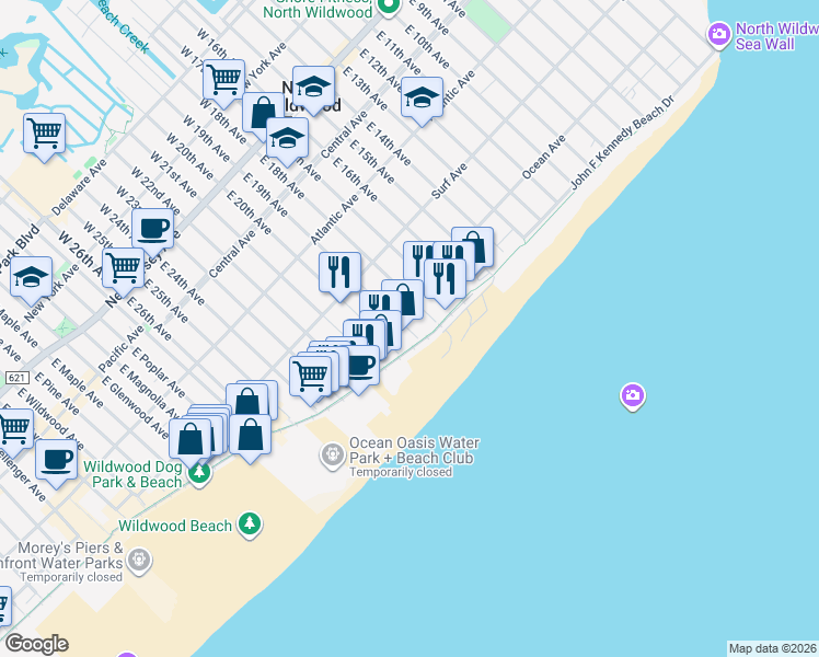 map of restaurants, bars, coffee shops, grocery stores, and more near 1900 Boardwalk in North Wildwood