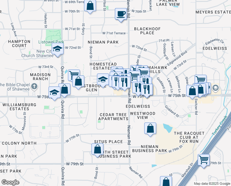 map of restaurants, bars, coffee shops, grocery stores, and more near 11222 West 75th Street in Shawnee
