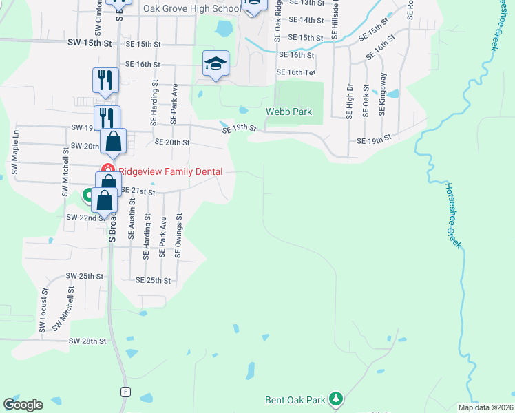 map of restaurants, bars, coffee shops, grocery stores, and more near 2112 Southeast Oak Ridge Drive in Oak Grove