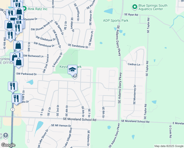 map of restaurants, bars, coffee shops, grocery stores, and more near 2408 Southeast 7th Street Terrace in Blue Springs