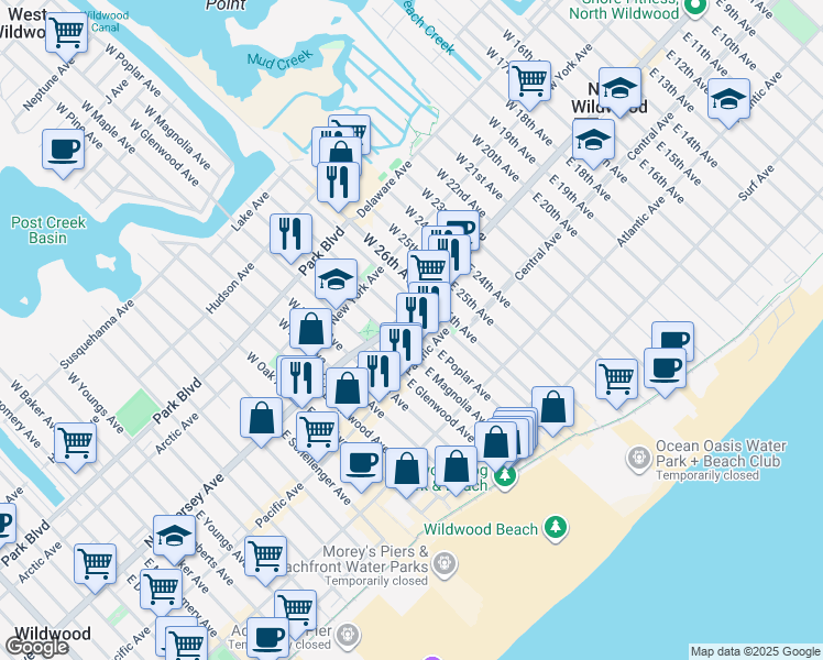 map of restaurants, bars, coffee shops, grocery stores, and more near 103 West Poplar Avenue in Wildwood