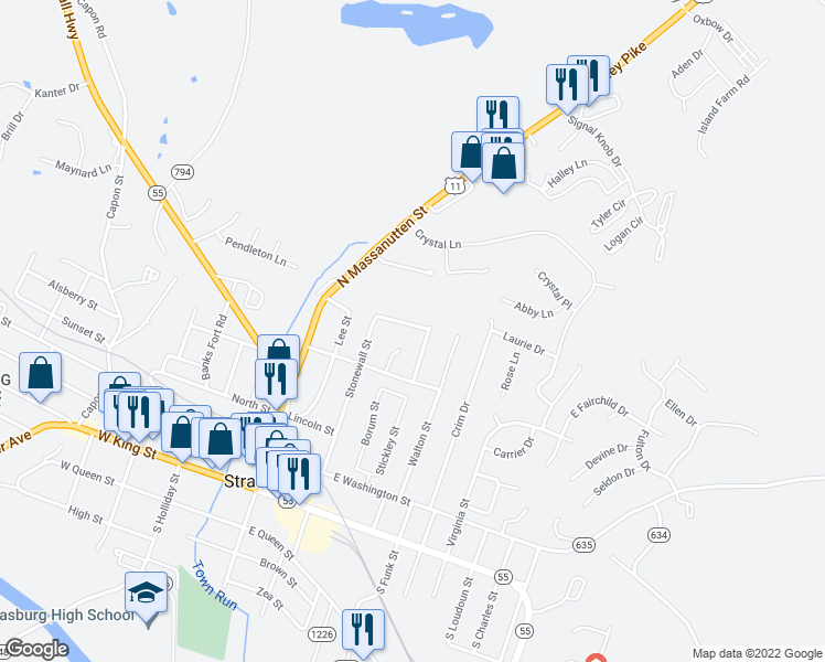 map of restaurants, bars, coffee shops, grocery stores, and more near 556 Stonewall Street in Strasburg