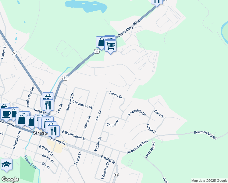 map of restaurants, bars, coffee shops, grocery stores, and more near 779 Laurie Drive in Strasburg