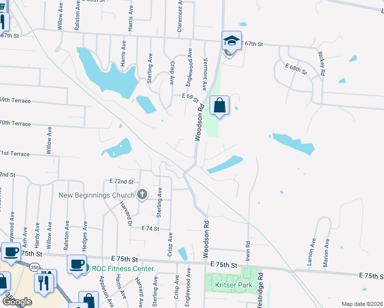 map of restaurants, bars, coffee shops, grocery stores, and more near 7013 Englewood Avenue in Raytown