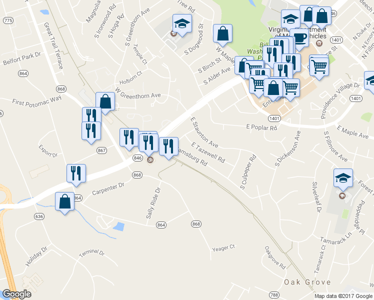 map of restaurants, bars, coffee shops, grocery stores, and more near 207 Williamsburg Road in Sterling