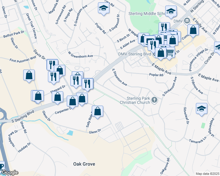 map of restaurants, bars, coffee shops, grocery stores, and more near 207 Williamsburg Road in Sterling
