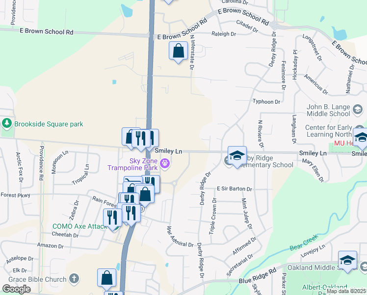 map of restaurants, bars, coffee shops, grocery stores, and more near 1217 Smiley Lane in Columbia