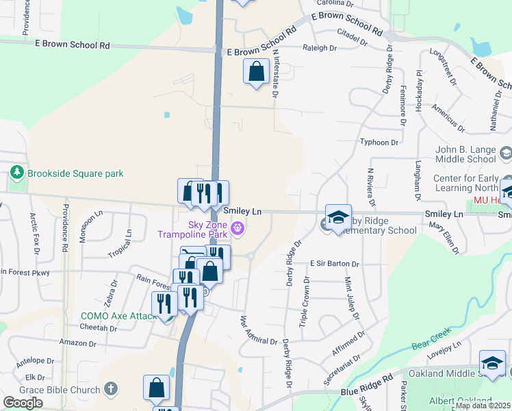 map of restaurants, bars, coffee shops, grocery stores, and more near 1217 Smiley Lane in Columbia