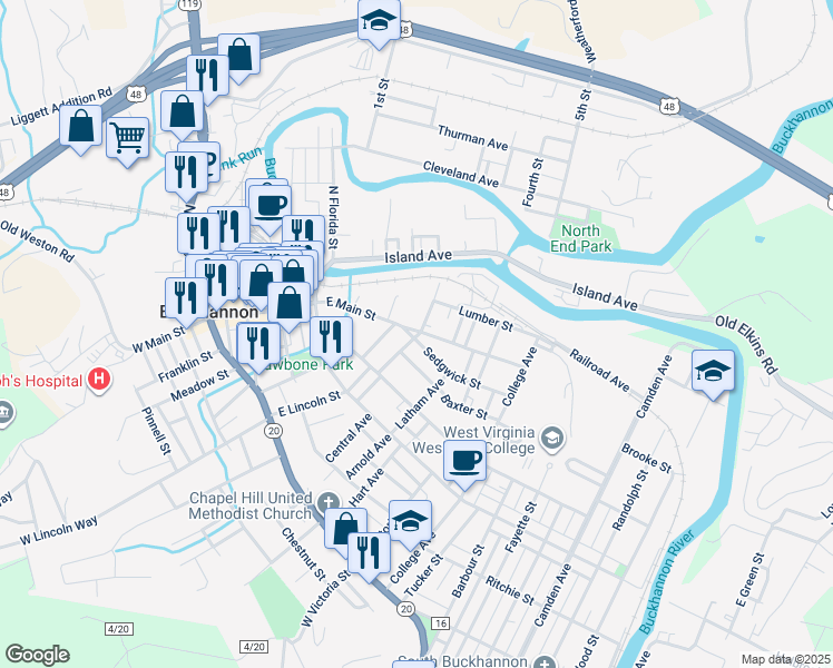 map of restaurants, bars, coffee shops, grocery stores, and more near 100-102 East Main Street in Buckhannon