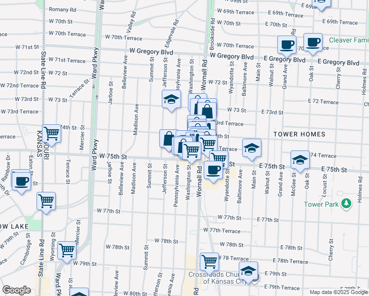 map of restaurants, bars, coffee shops, grocery stores, and more near 519 West 74th Street in Kansas City