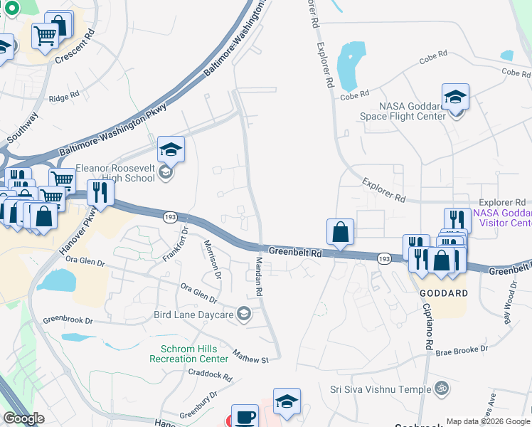 map of restaurants, bars, coffee shops, grocery stores, and more near 7509 Mandan Road in Greenbelt