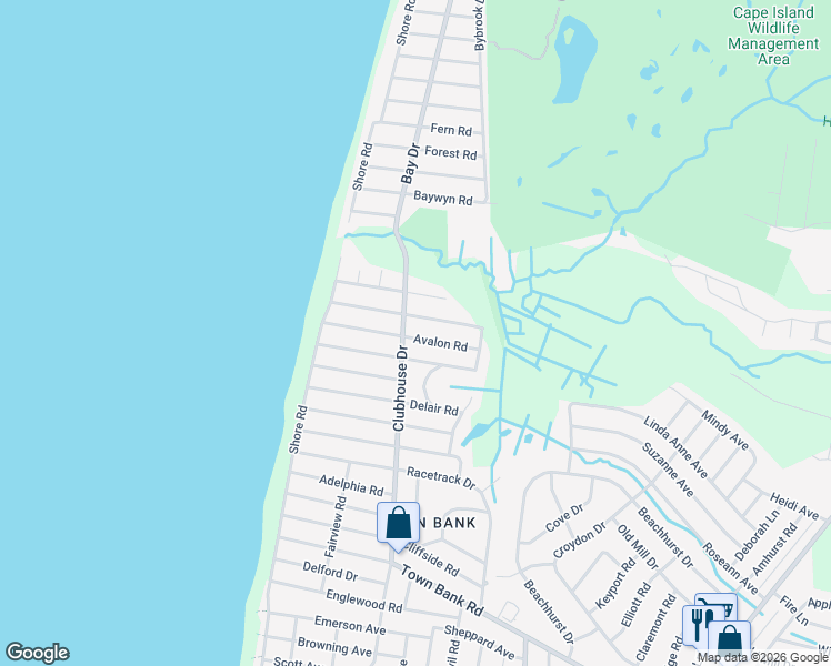 map of restaurants, bars, coffee shops, grocery stores, and more near 103 Fernwood Road in Cape May