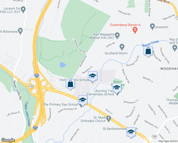 map of restaurants, bars, coffee shops, grocery stores, and more near 7308 Burdette Court in Bethesda