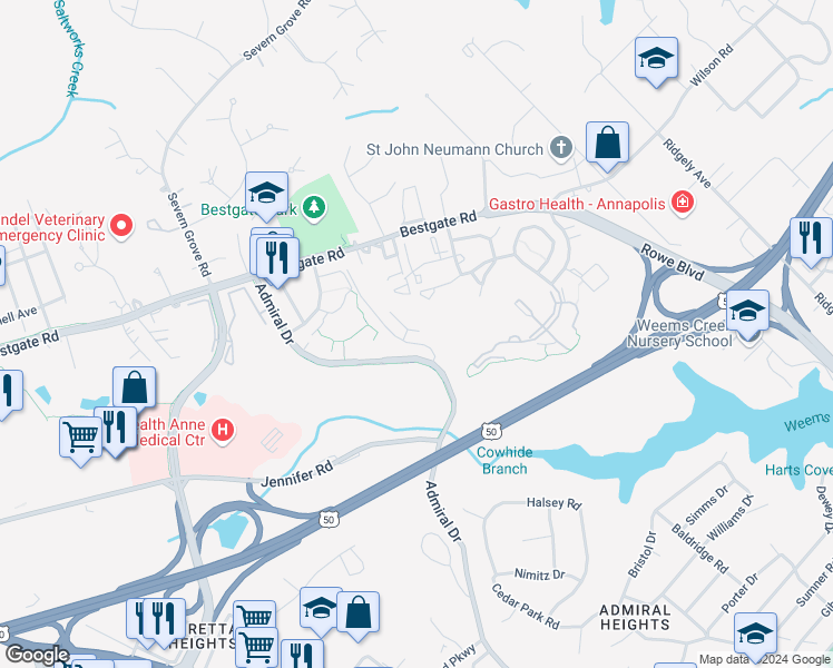 map of restaurants, bars, coffee shops, grocery stores, and more near 2161 Hideaway Court in Annapolis