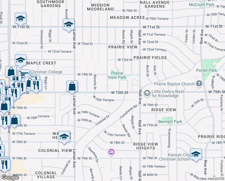 map of restaurants, bars, coffee shops, grocery stores, and more near 7429 Woodson Street in Overland Park