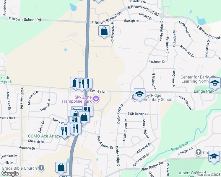map of restaurants, bars, coffee shops, grocery stores, and more near 1303 Smiley Lane in Columbia