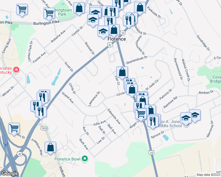 map of restaurants, bars, coffee shops, grocery stores, and more near 24 Alan Court in Florence