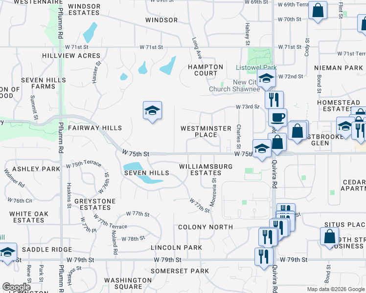 map of restaurants, bars, coffee shops, grocery stores, and more near 12510 West 74th Terrace in Shawnee