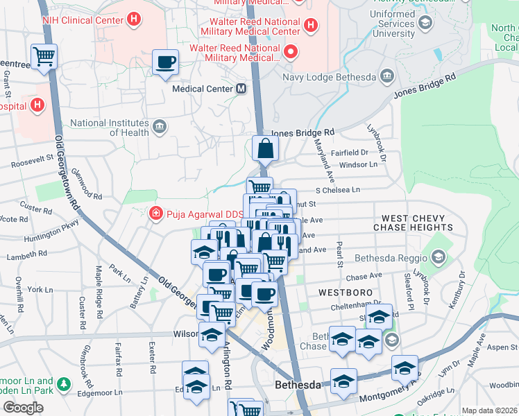 map of restaurants, bars, coffee shops, grocery stores, and more near 8300 Wisconsin Avenue in Bethesda