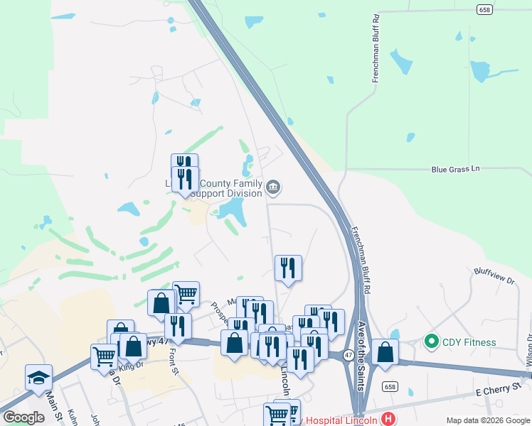 map of restaurants, bars, coffee shops, grocery stores, and more near 327 North Lincoln Drive in Troy