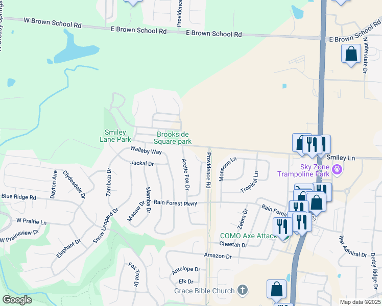 map of restaurants, bars, coffee shops, grocery stores, and more near Smiley Lane in Columbia