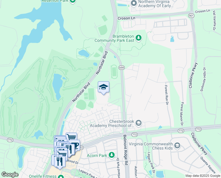map of restaurants, bars, coffee shops, grocery stores, and more near 22525 Belmont Ridge Road in Ashburn