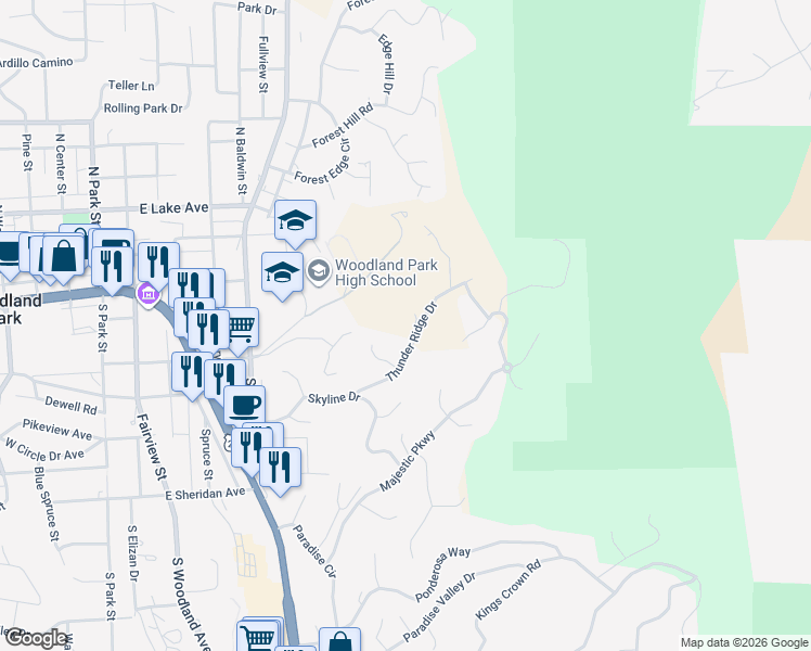 map of restaurants, bars, coffee shops, grocery stores, and more near 290 Thunder Ridge Drive in Woodland Park