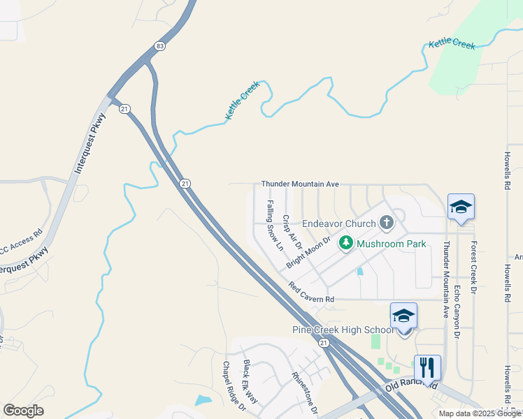 map of restaurants, bars, coffee shops, grocery stores, and more near 3210 Red Cavern Road in Colorado Springs