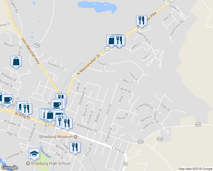 map of restaurants, bars, coffee shops, grocery stores, and more near 495 Walton Street in Strasburg