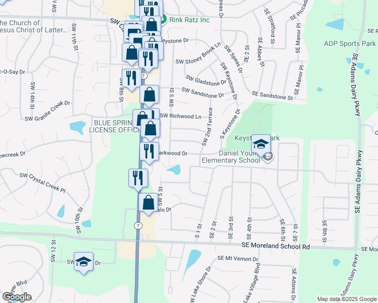 map of restaurants, bars, coffee shops, grocery stores, and more near 313 Southwest Parkwood Drive in Blue Springs