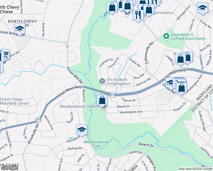 map of restaurants, bars, coffee shops, grocery stores, and more near Meadowbrook Lane & Freyman Drive in Chevy Chase