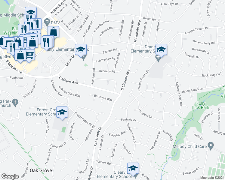 map of restaurants, bars, coffee shops, grocery stores, and more near 1313 East Maple Avenue in Sterling