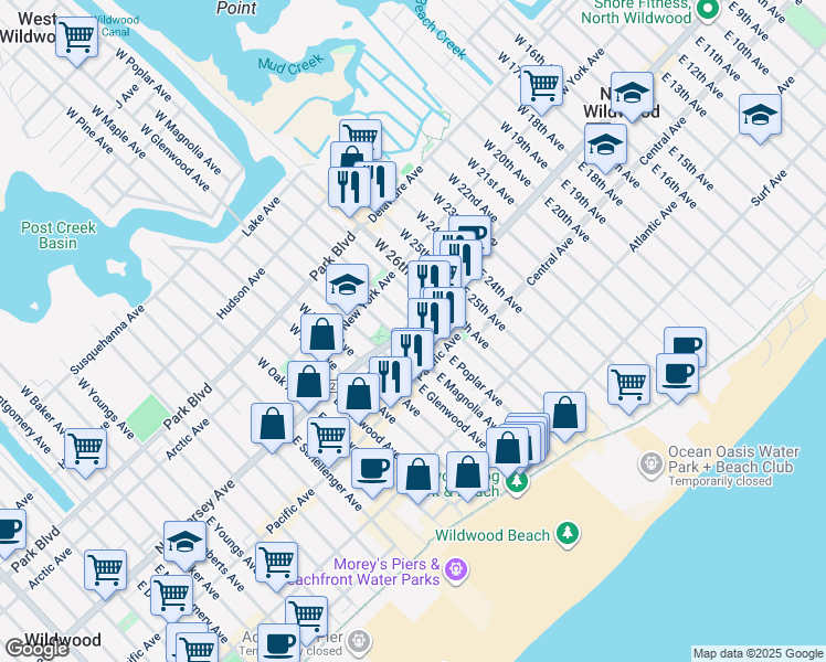 map of restaurants, bars, coffee shops, grocery stores, and more near 103 West Poplar Avenue in Wildwood