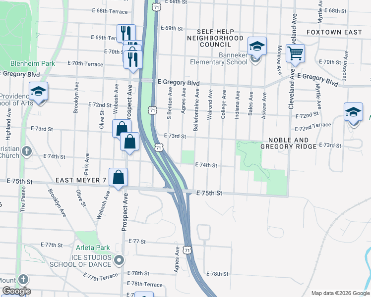 map of restaurants, bars, coffee shops, grocery stores, and more near 2925 East 73rd Street in Kansas City
