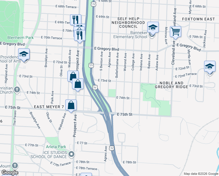 map of restaurants, bars, coffee shops, grocery stores, and more near 2925 East 73rd Street in Kansas City