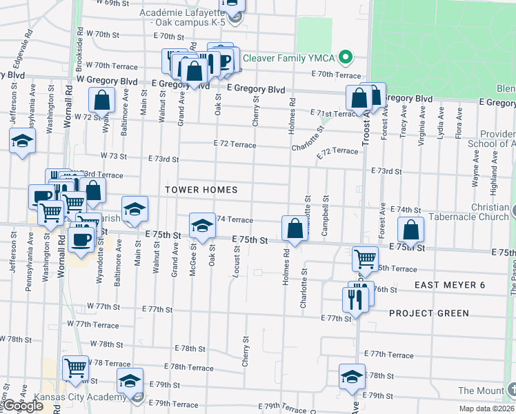 map of restaurants, bars, coffee shops, grocery stores, and more near in Kansas City