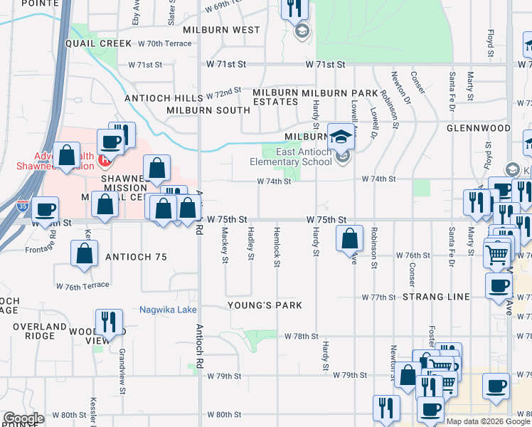 map of restaurants, bars, coffee shops, grocery stores, and more near 7424 Hadley Street in Overland Park