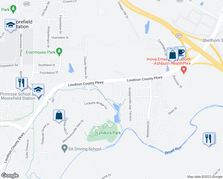 map of restaurants, bars, coffee shops, grocery stores, and more near 22525 Airmont Woods Terrace in Ashburn