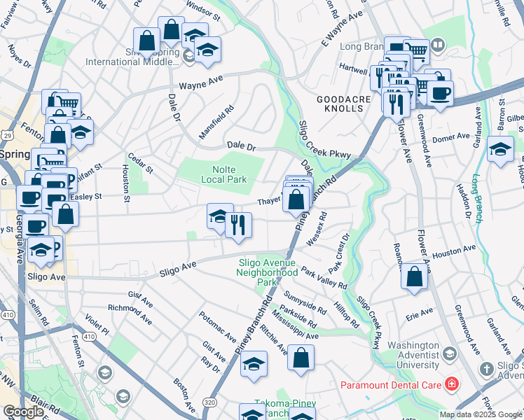 map of restaurants, bars, coffee shops, grocery stores, and more near 500 Thayer Avenue in Silver Spring