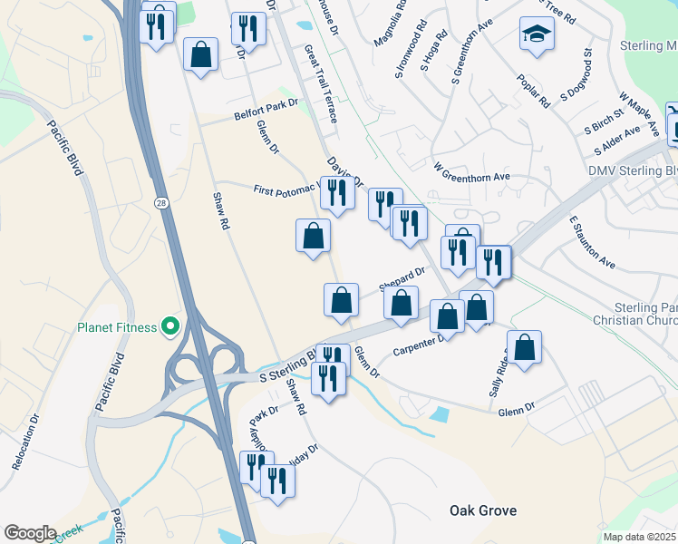 map of restaurants, bars, coffee shops, grocery stores, and more near 22580 Glenn Drive in Sterling