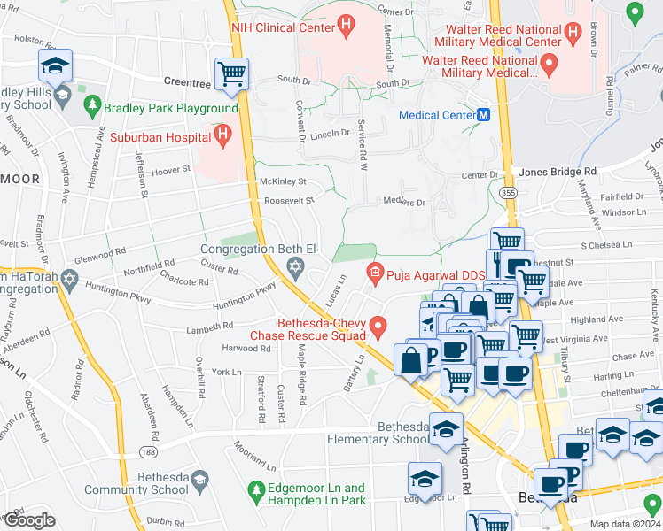 map of restaurants, bars, coffee shops, grocery stores, and more near 15429 Maple Ridge Road in Bethesda