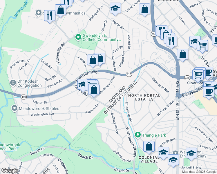 map of restaurants, bars, coffee shops, grocery stores, and more near 2216 Washington Avenue in Silver Spring
