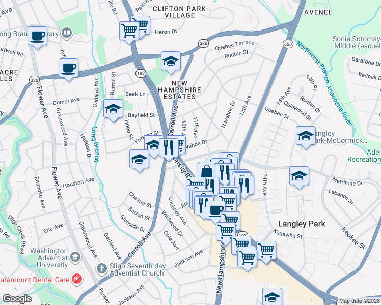 map of restaurants, bars, coffee shops, grocery stores, and more near 1017 Merrimac Drive in Silver Spring