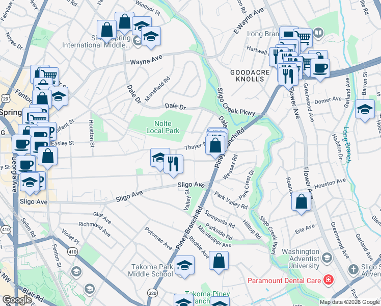 map of restaurants, bars, coffee shops, grocery stores, and more near 500 Thayer Avenue in Silver Spring