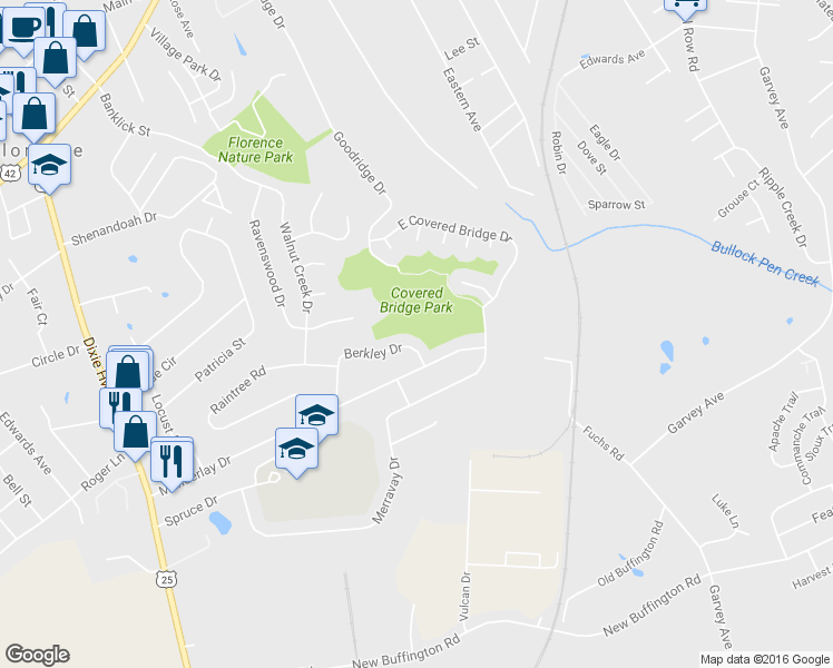 map of restaurants, bars, coffee shops, grocery stores, and more near 141 Berkley Drive in Florence
