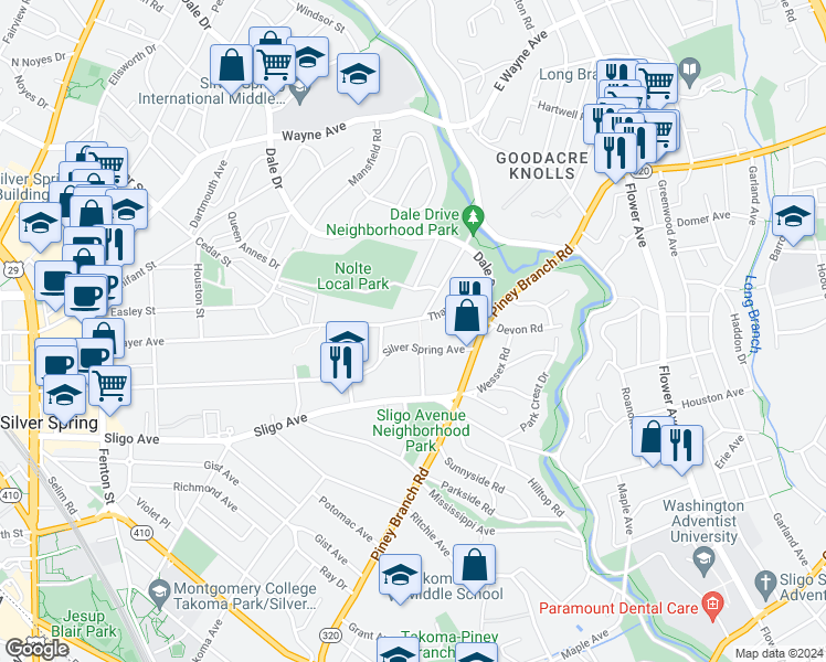 map of restaurants, bars, coffee shops, grocery stores, and more near 500 Thayer Avenue in Silver Spring