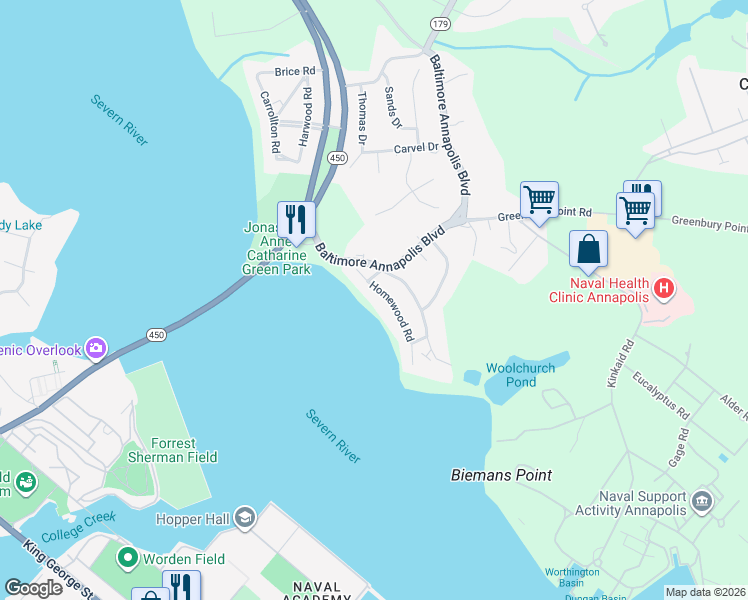 map of restaurants, bars, coffee shops, grocery stores, and more near 2013 Homewood Road in Annapolis